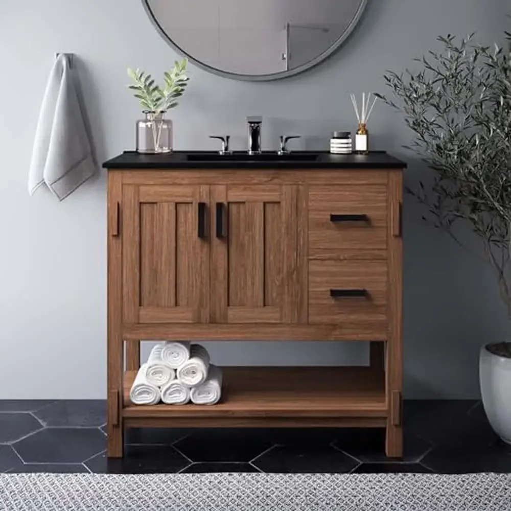 Mid-Century Modern Mindi Wood Bathroom Vanity Cabinet Storage Drawers Open Shelf Not Included Walnut Organic Elegant Towel