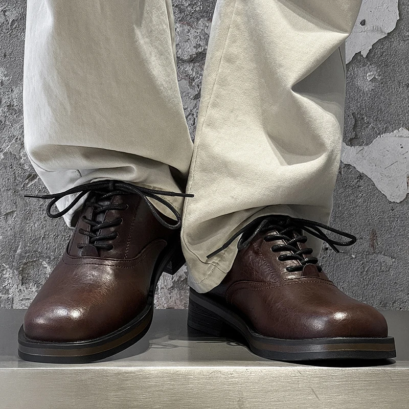 Vintage Lace Up Men Thick Soled Derby Shoes with Increased Height Anti Slip Simple Elegant Commuting Style for Daily Wear