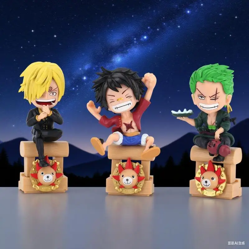 Uma peça mil ensolarado luffy zoro sanji postura sentada versão q dos desenhos animados anime brinquedos modelo boneca de mesa ornamento presentes bonitos
