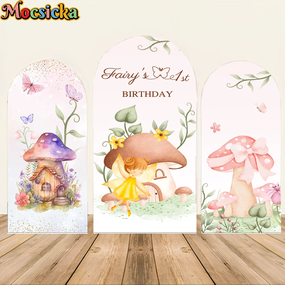 

Custom Arch Double sided Mushroom House Princess Girl Birthday Party Baby Shower Cover Arched Decoration Background Photo