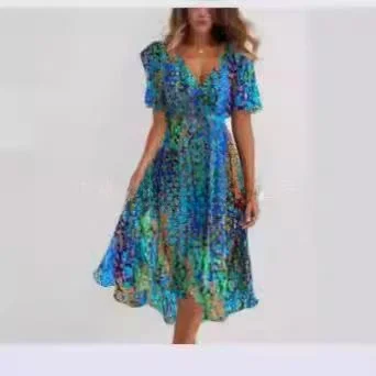 New 2025 Women's Loose Casual Comfortable V-ne Floral Print Dr Faionable A-line Skirt ort Sve round Ne Dr