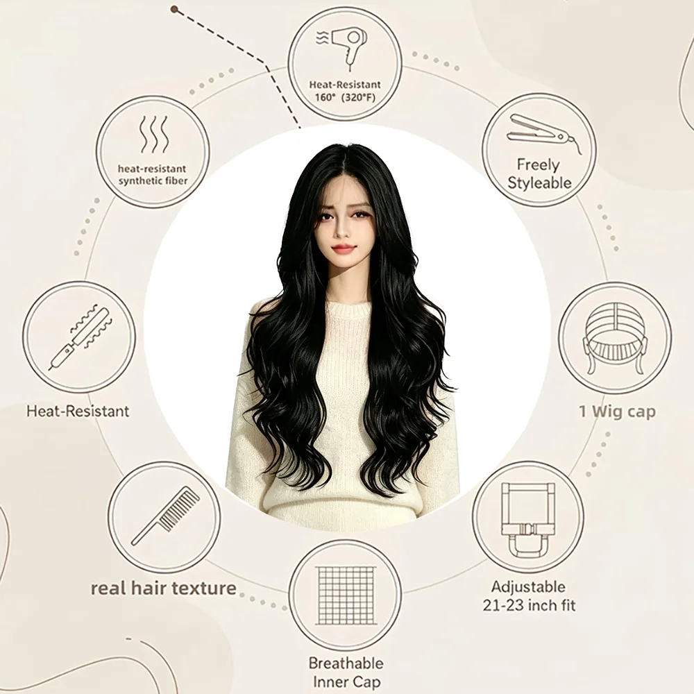 

13×4 Lace Front Wig For Asian Women Black Body Wave Synthetic Wig Pre Plucked Natural Hairline Glueless Beginner Friendly Wig