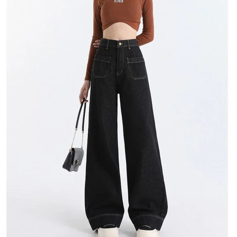 

2026 Hot Sale Women Chic High Waist Jeans Girls Daily Versatile Straight Leg Denim Pants Female Classic Black Wide Leg Trousers