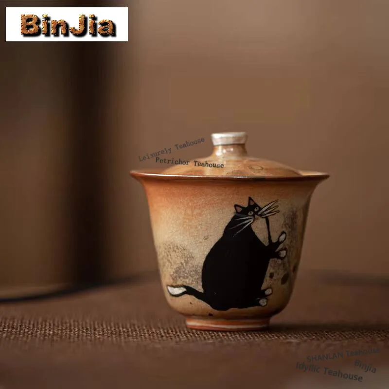 

100ml Hand-painted Sier Kiln Change Gaiwan Wood-fired Porcelain Zhiye Cat Tea Tureen Making Cover Bowl Drinkware Gift Accessorie