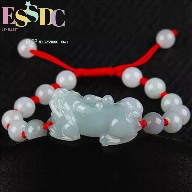 AAA Natural Burma Jadeite Pea Green Lce Feitsui Pixiu Charm Bracelet Lucky Red Rope For Fashion Men Women Gift+Free