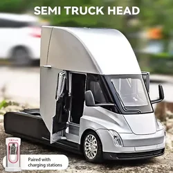 New 1:24 Tesla Semi Trailer Truck Alloy Diecast Car Model With Sound And Light Pull Back Truck Vehicle Model Boy Collection Gift