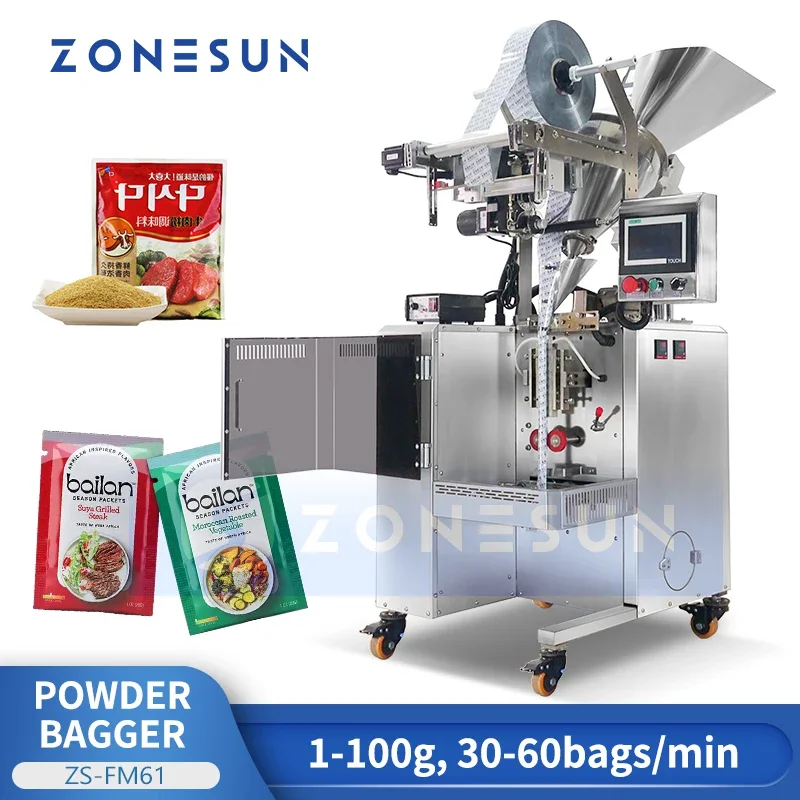 ZONESUN Automatic Powder Bagger Pouch Sachet Soybean Milk Coffee Pepper Curry Seasoning Flour Packaging Machine ZS-FM61