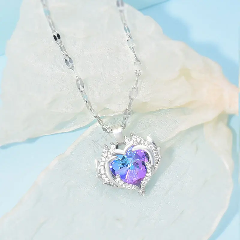 Charm Colorful Crystal Heart of The Sea Pendant Necklace for Women Exquisite Stainless Steel Zircon Chokers Bride Jewelry Gift