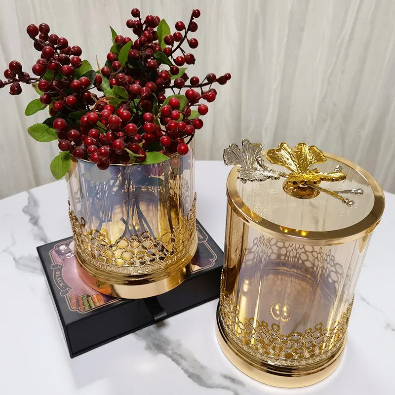 Gold-plated Butterfly Candy Jar Glass Jewelry Box Hollow Art Flower Arrangement Fruit Nut Sundries Storage Jar Home Decoration