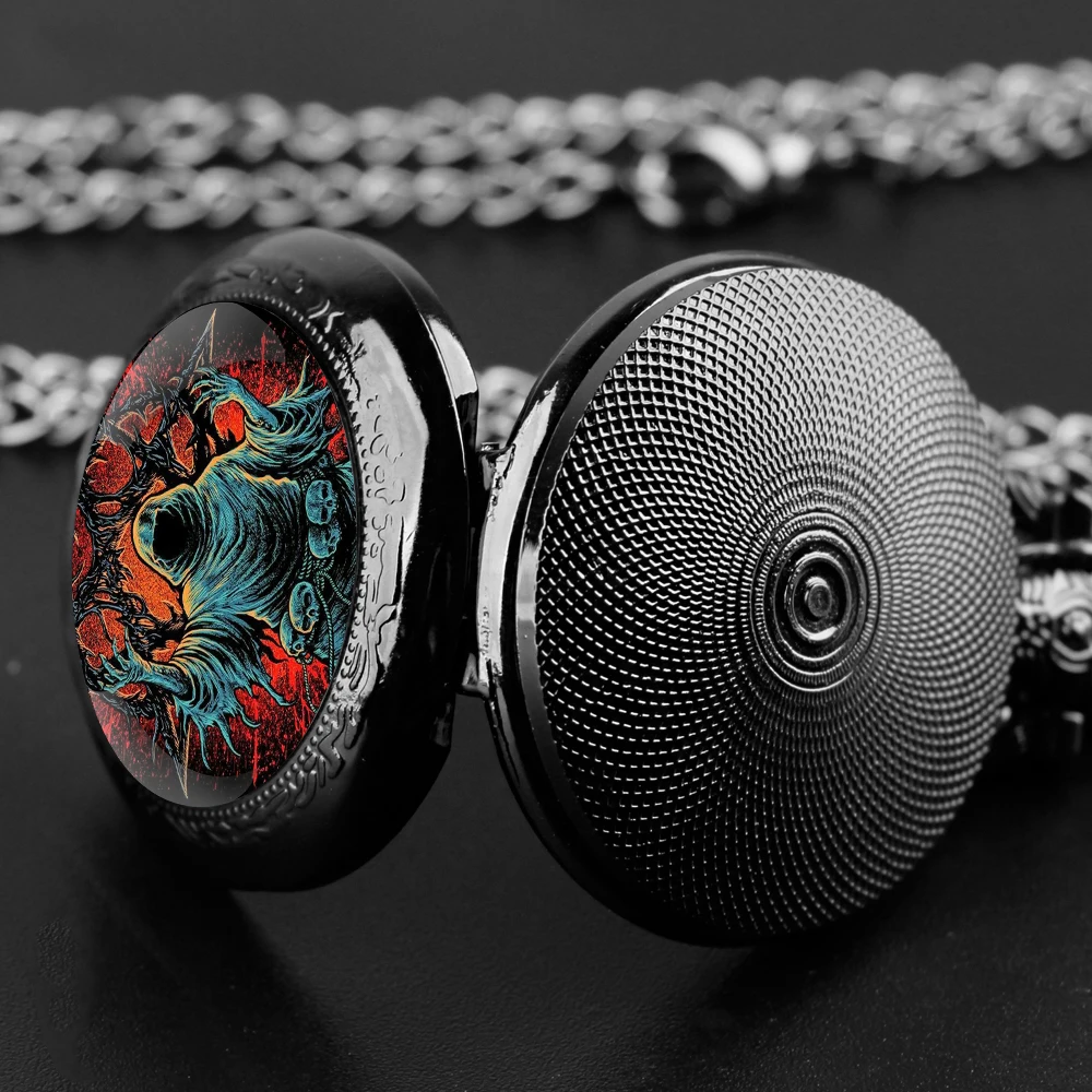 Orologio da tasca al quarzo nero con cupola in vetro stile scuro con quadrante con numeri arabi e catena resistente, regalo retrò per uomo e donna