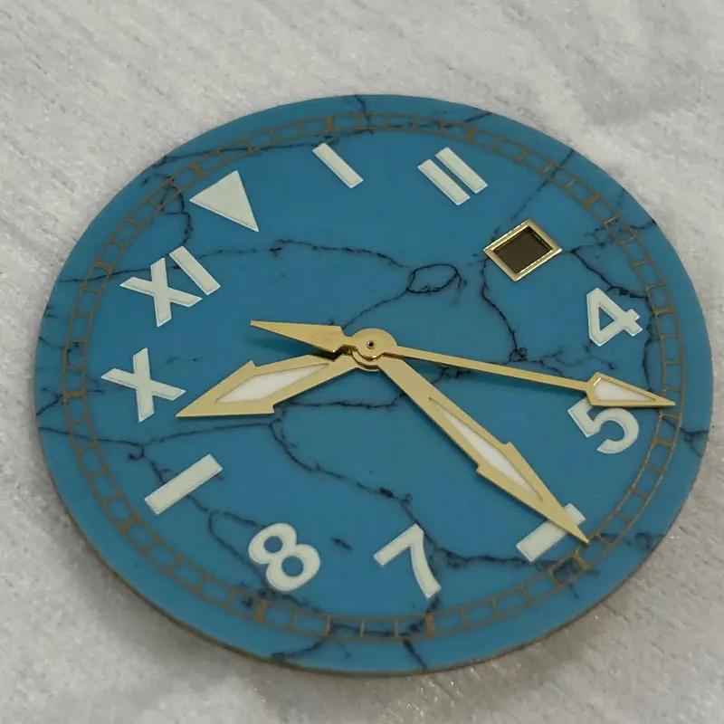 Watch Parts 34.5mm Blue Turquoise Watch Dial Roman Numerals Luminous Marks Date Window Suitable For ETA 2824/SW200 Movement