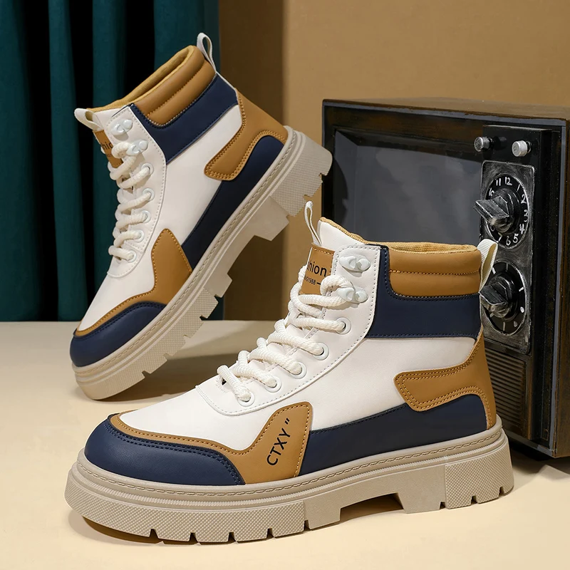 2025 Nuovi stivali gialli grandi da uomo Suola antiscivolo durevole Suola alta e spessa Stivali da lavoro britannici foderati in pile invernale Motorcycl