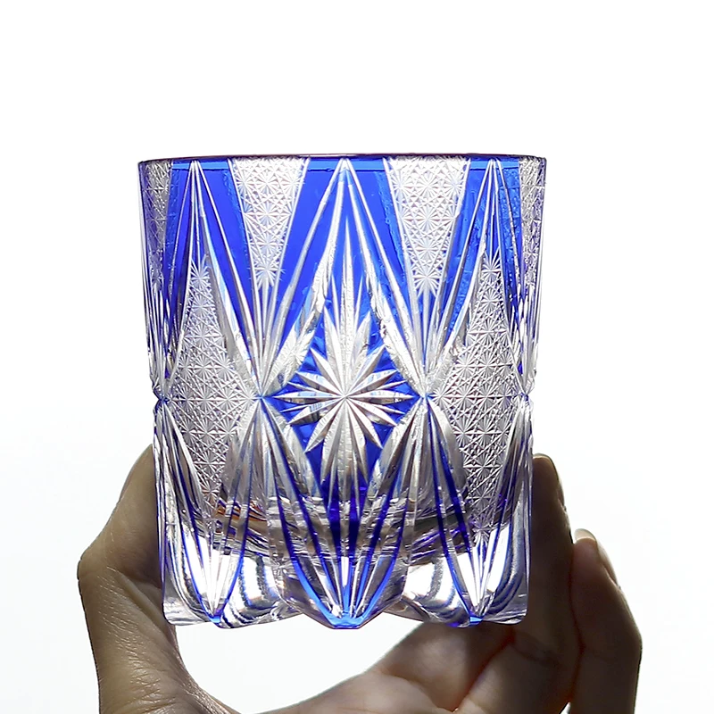 240 ml Luxury Japanese Edo Kiriko Style Blue coloured Cut Glass Drink Tumbler For Whiskey Iced Beverage