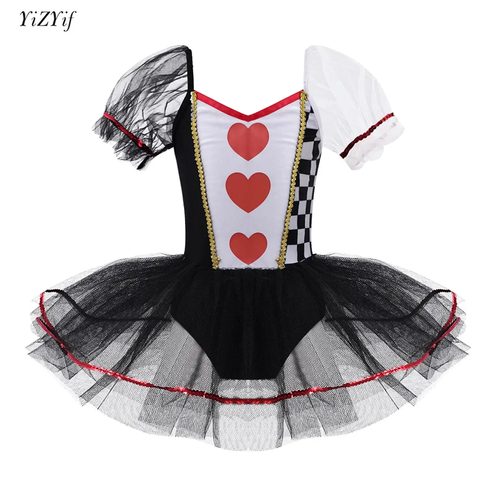 

Halloween Queen Clown Cosplay Costume Kids Girls Ballet Tutu Dress Short Sleeves Checkerboard Print Mesh Party Dress Jumpsuit