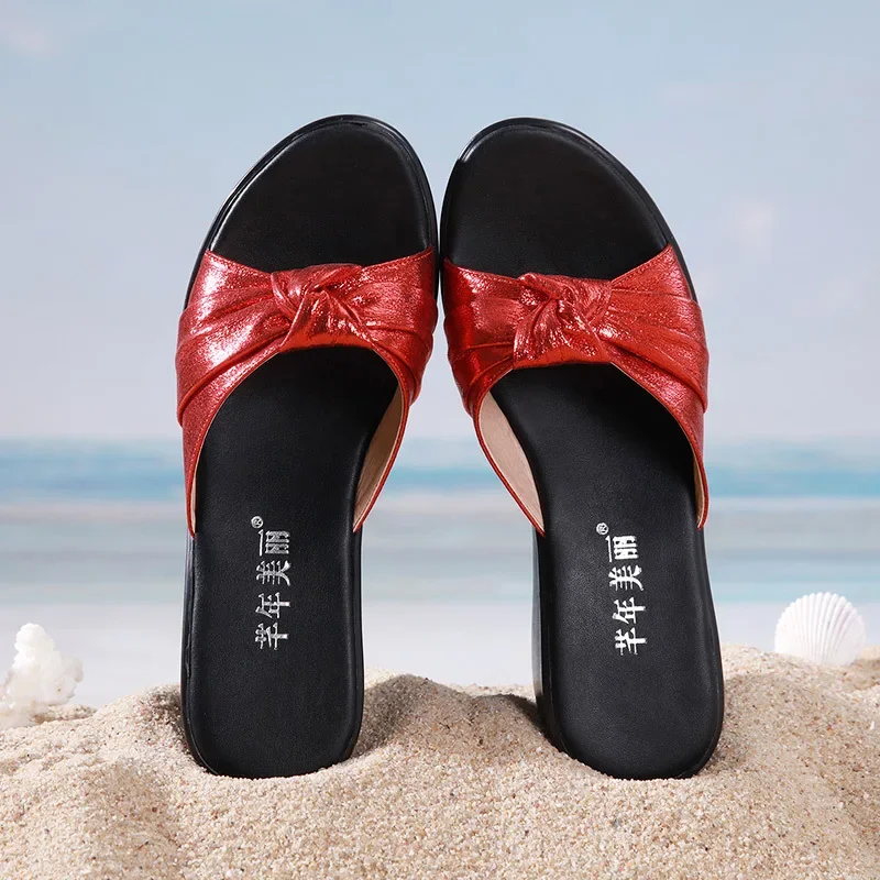 Small Size 32-43 Thick Sole Platform Shoes Sweet Bow Slippers Women Summer 2025 Comfortable Medium Heels Wedges Slides Beach