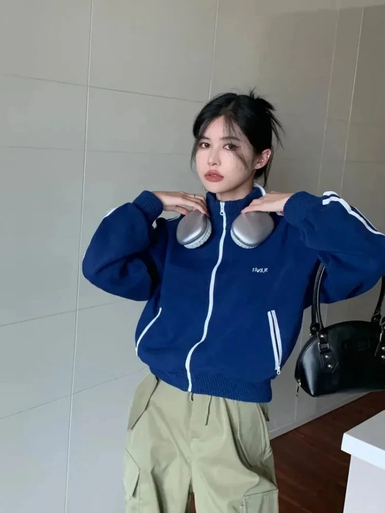 Imagem -02 - Jaqueta Harajuku Recortada Listrada Feminina Outwear com Zíper Estilo Universitário Casual Gola Alta Retrô Cabolsas de Outono Novo 2023