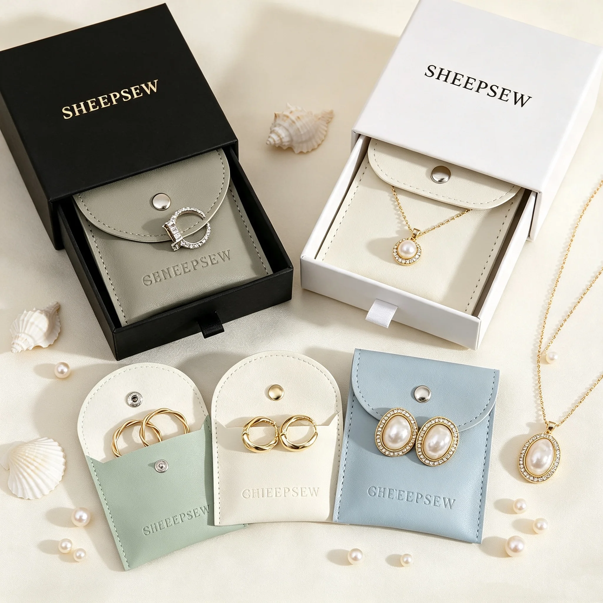 SHEEPSEW Custom Logo Slide Drawer Cardboard Jewelry Box With PU Leather Pouch, Personalized Jewellery Packaging Box For Necklace