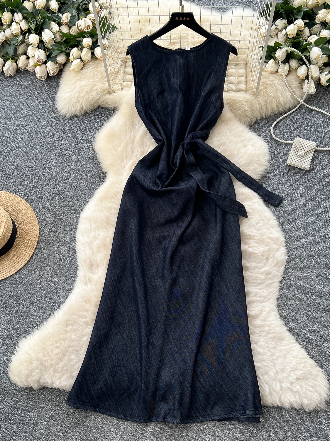 

Luxury Elegant Vintage Denim Dress Women Summer Sleeveless O Neck Bandage Office Long Dress Evening Party Birthday Dresses