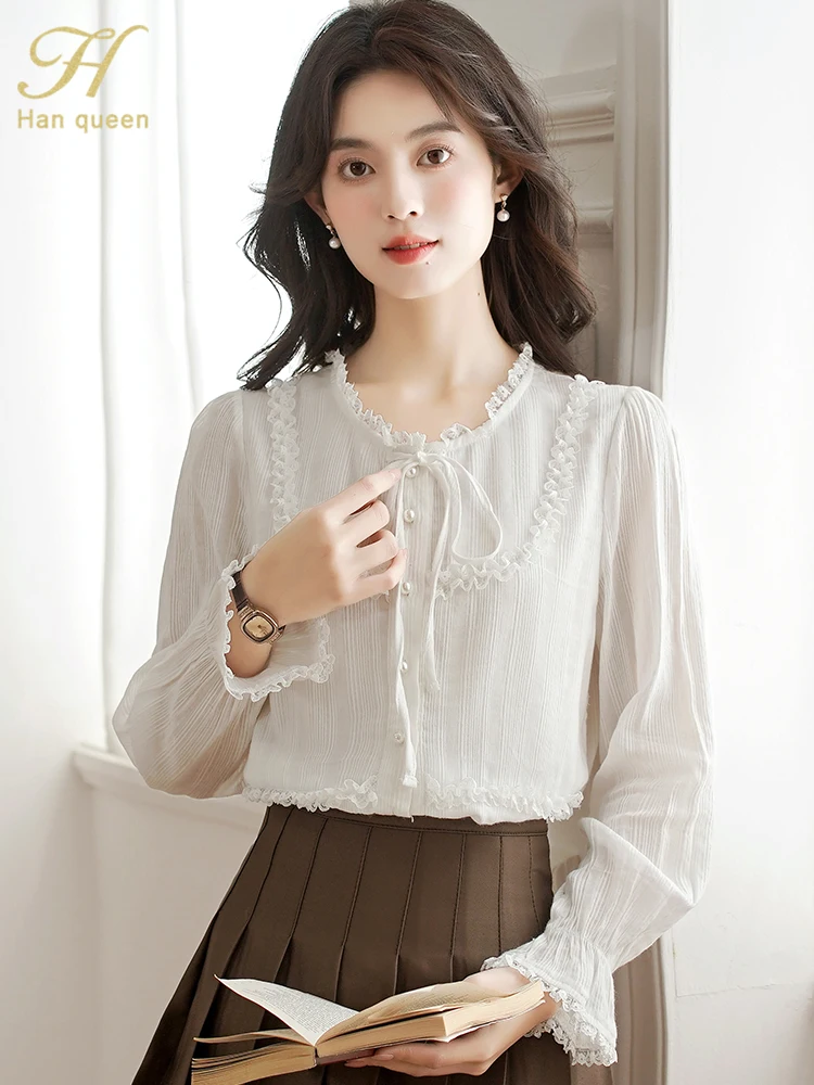 

H Han Queen White Ruffle Single breasted Spring Simple Office Blouse Female Shirt Casual Korean Style Loose Blouses Women Tops