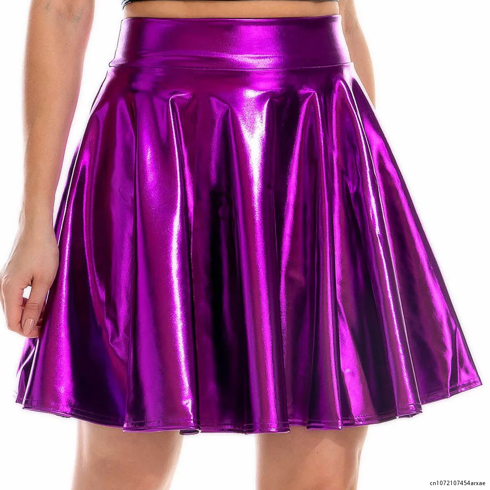 

Summer Sexy Laser High Waist Mini PU Leather Skirt Club Party Dance Shiny Holographic Skirts Harajuku JK Metallic Pleated Skirts