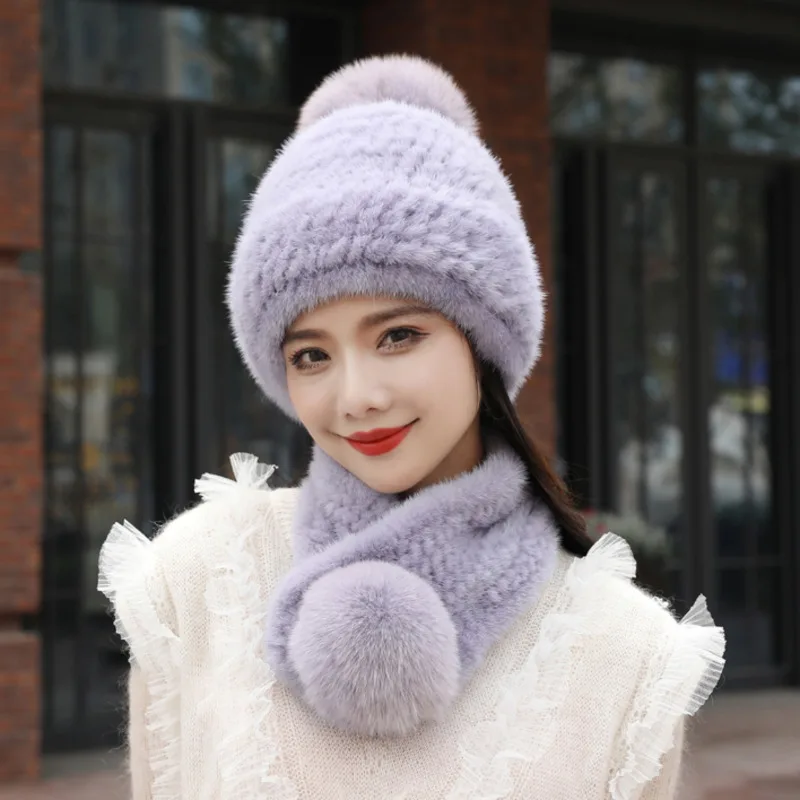 

Mink Fur Hat Scarf Set Women's Winter Warmth Hat Thicken Beanie Cap Natural Fur Hat With Fox Fur Ball Fluffy Fur Beanies Scarves