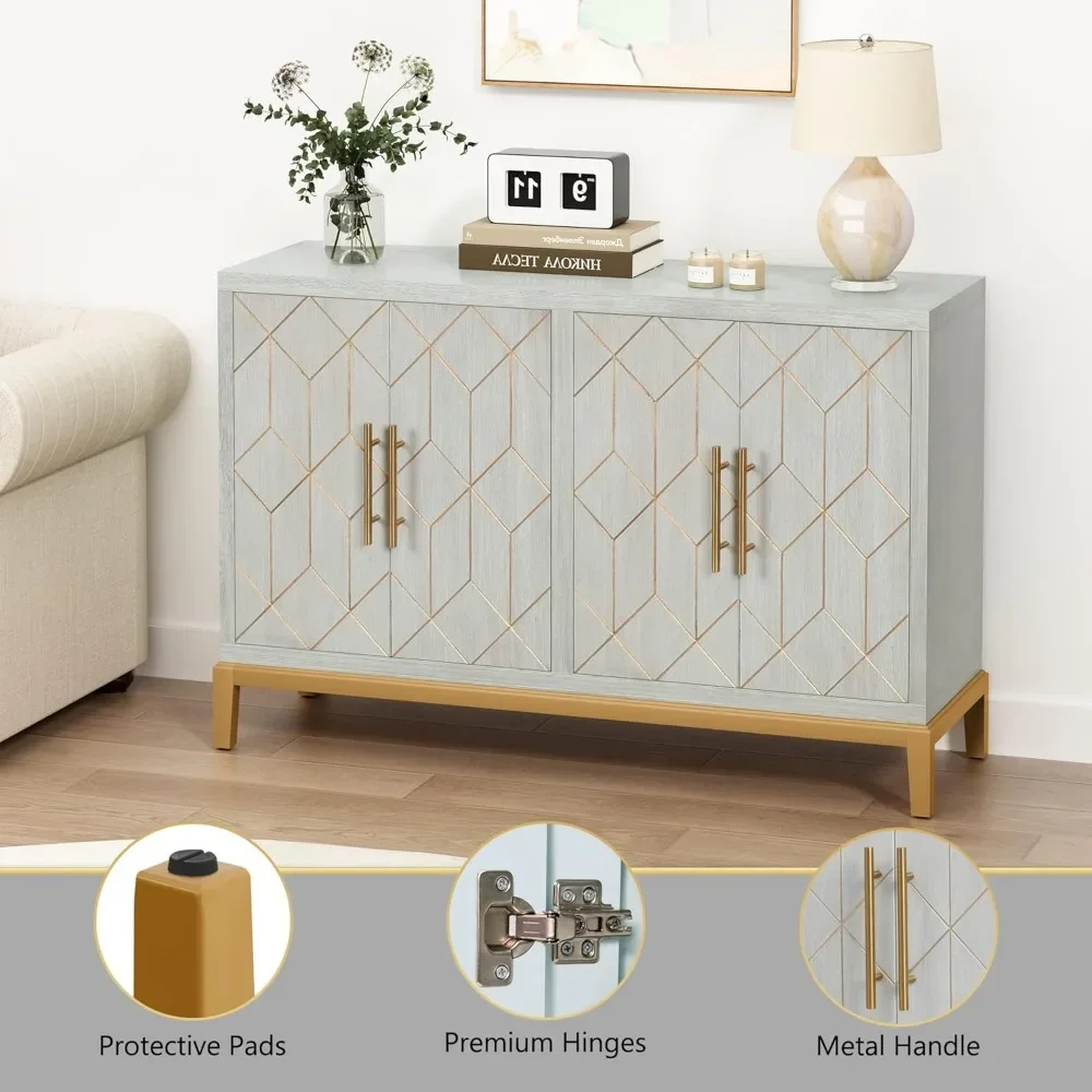 Armário de destaque de 48" com 4 portas e prateleiras, armário de armazenamento de credenza moderna com acabamento dourado, armário de buffet verde para sala de estar