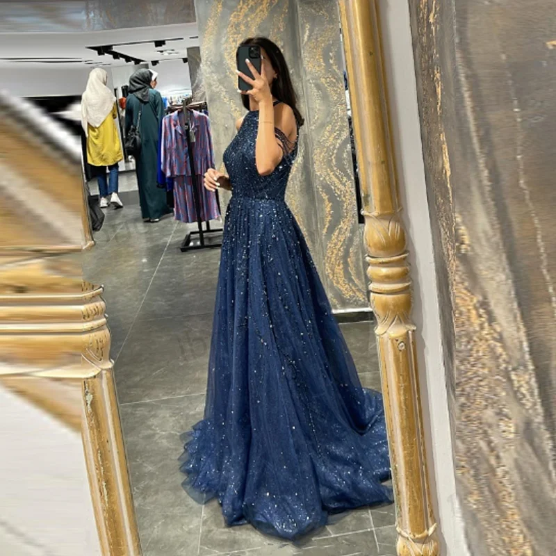 Maßgeschneiderte funkelnde Saudi-Arabien Abendkleider Halt Perlen Partykleid A-Linie Dubai Abendkleid Vestidos de Fiesta