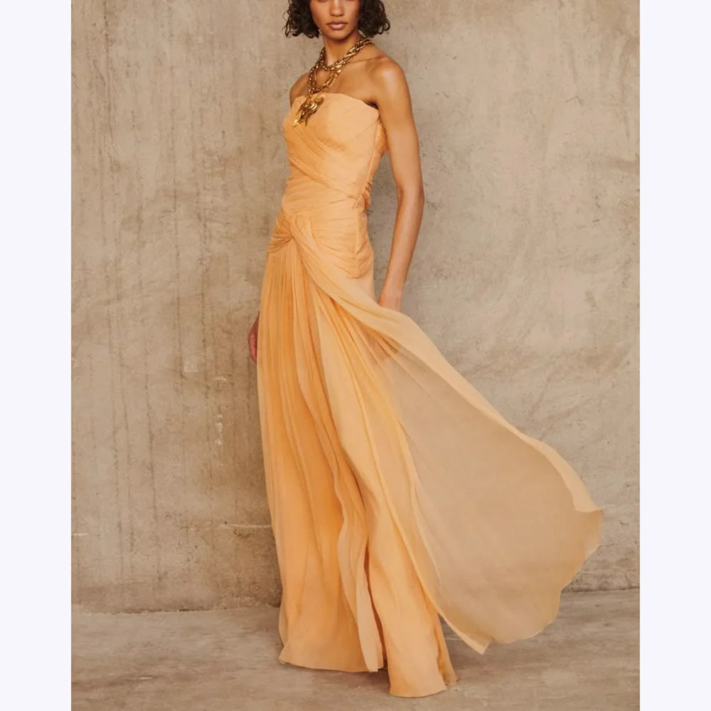 

Chic Evening Dresses Strapless Pleats Sleeveless A Line Prom Dress Elegant Women Floor Length High Quality Party Gowns Tailored
