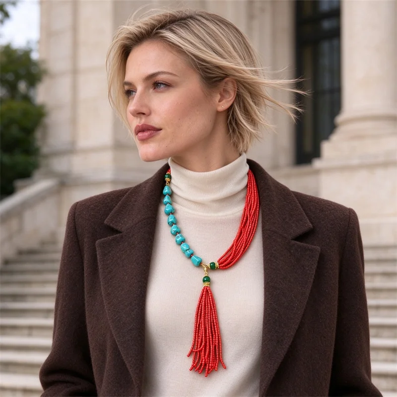 Women Ethnic Multi Layer Red Bead Necklace Turquoise Beads Tassel Pendant Collar Retro Statement Jewelry Choker Christmas Gift