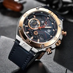 BENYAR New Sports Men Watch Casual Men Quartz Wristwatch 45mm Large Dial Leather Military Chronograph Watch For Men Reloj Clock