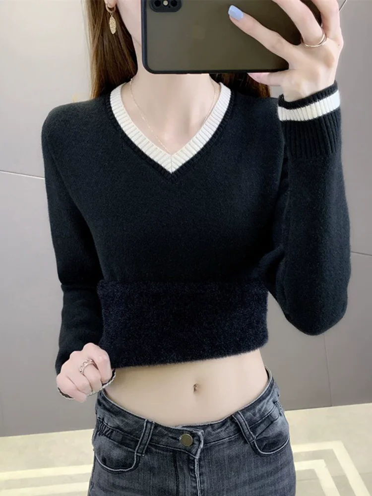 V-hals Plus Fluwelen Trui Bodem Tee Dames Casual Nieuwe Dikke Trui Warm Zacht Slanke Pluche Fleece Gevoerde Sueter Tops