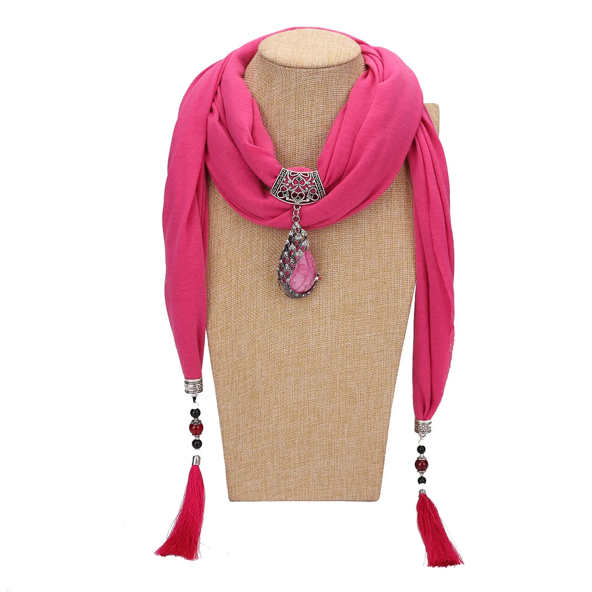 Collar con colgante de piedra natural Para Mujer, bufanda con flecos, bufandas con cuentas, joyería étnica, Pashminas Para Mujer