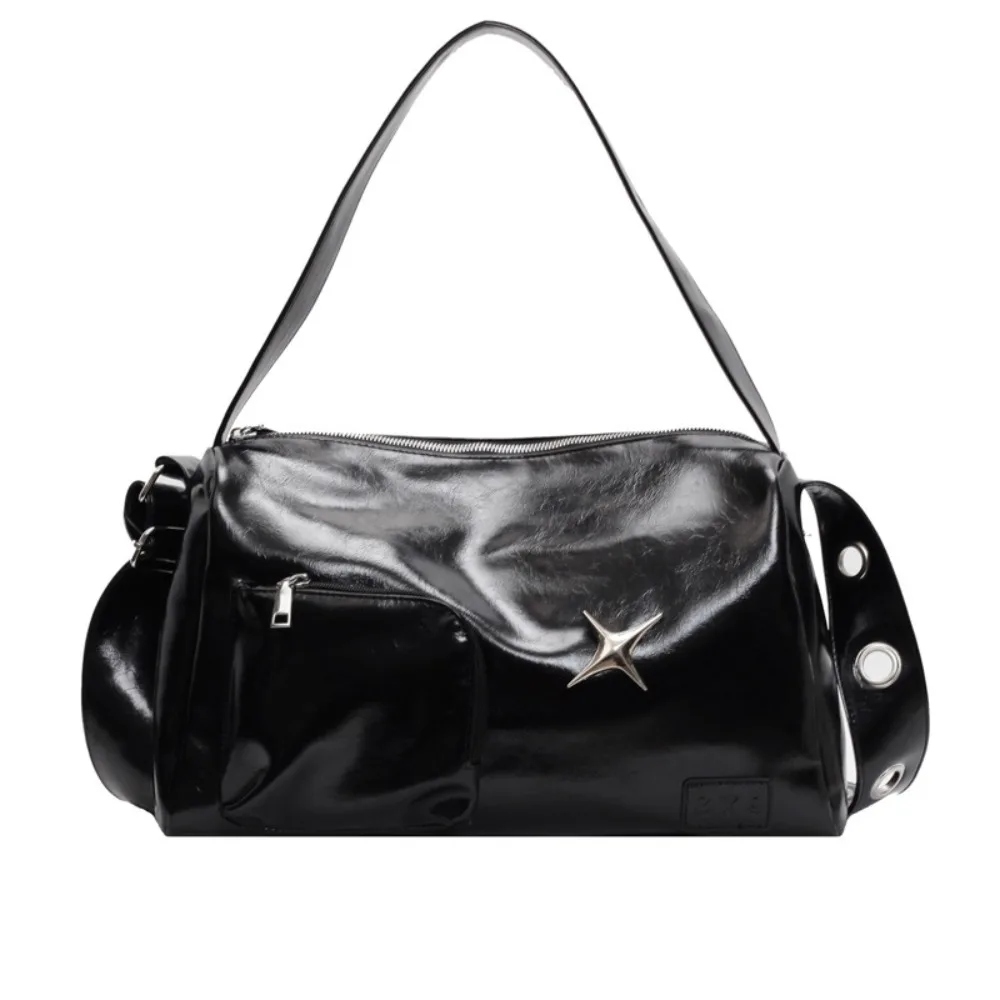 

Vintage PU Leather Punk Tote Bag Zipper Large Capacity Y2K Armpit Bag Black Elegant Bowling Handbag Outdoor