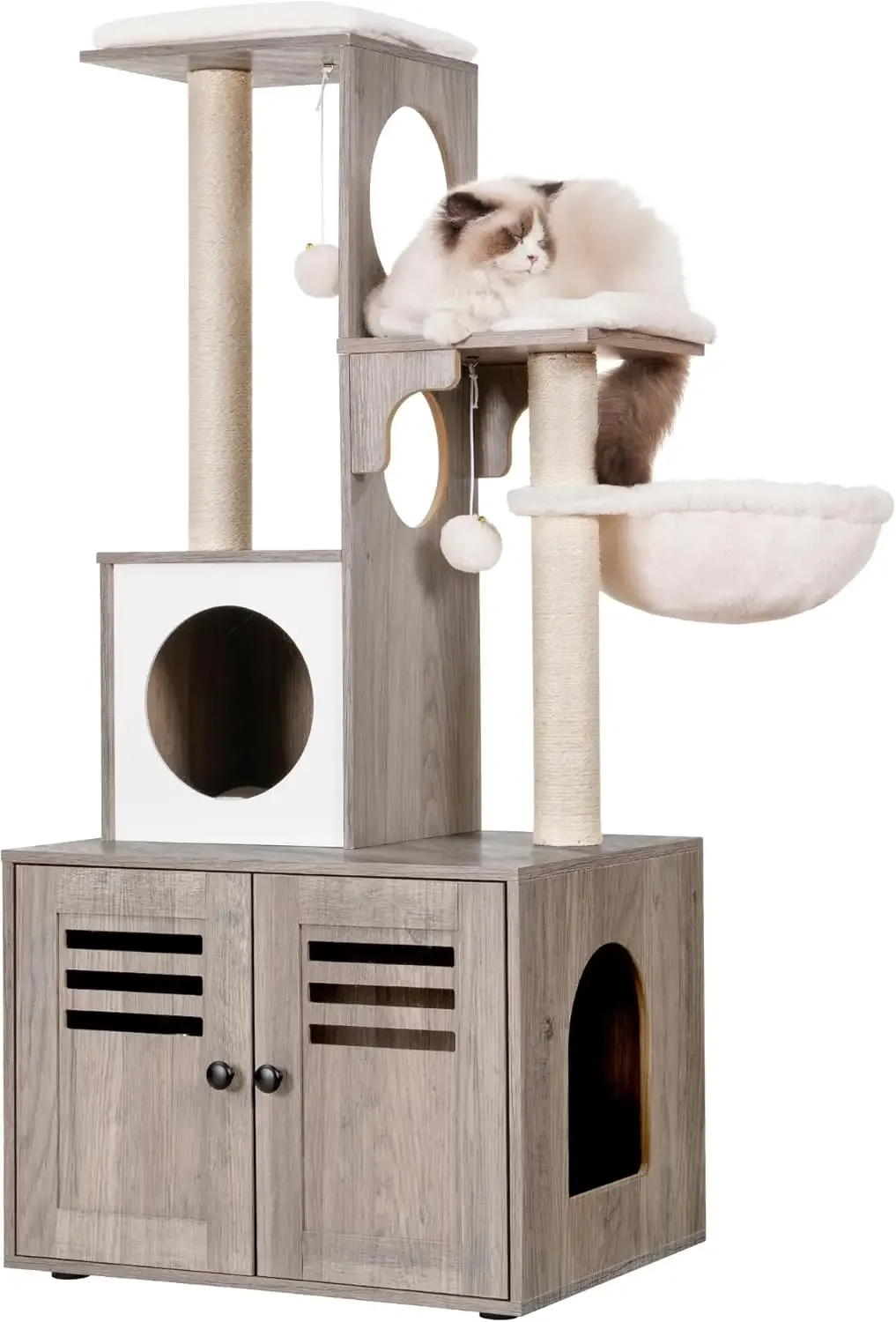 

Heybly Cat tree, Wood Litter Box Enclosure with Food Station, All-in-one Indoor Cat Furniture with Large Platform and Condo