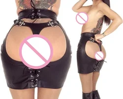 S-XXL Female Open Hip Buttock Exposing Bondage Skirt Wetlook Faux Leather Spanking Skirt Tight Fit Fetish Club Erotic Skirt