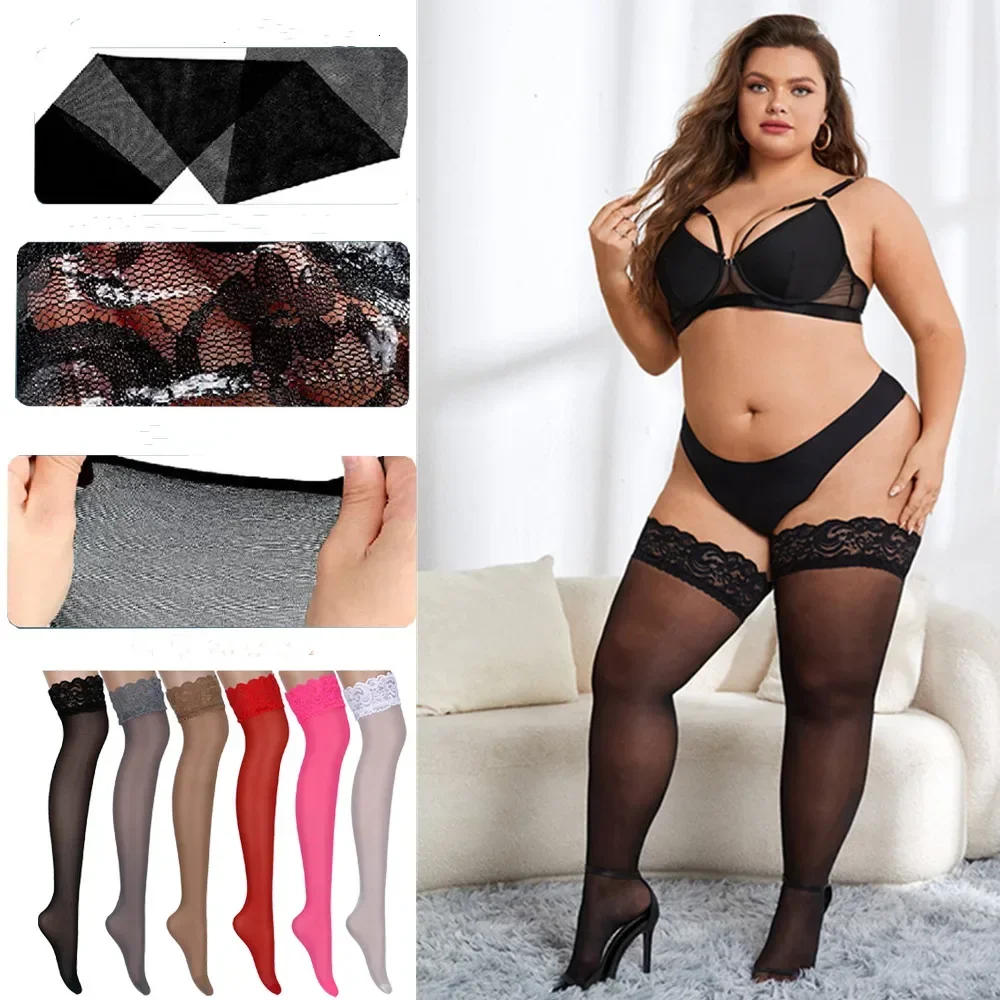 Sexy XXXL Plus Size Stocking Lace Knee Thigh High Stockings Lingerie Elastic Long Socks Clothing Underwear for Women 4XL 5xl 6xl