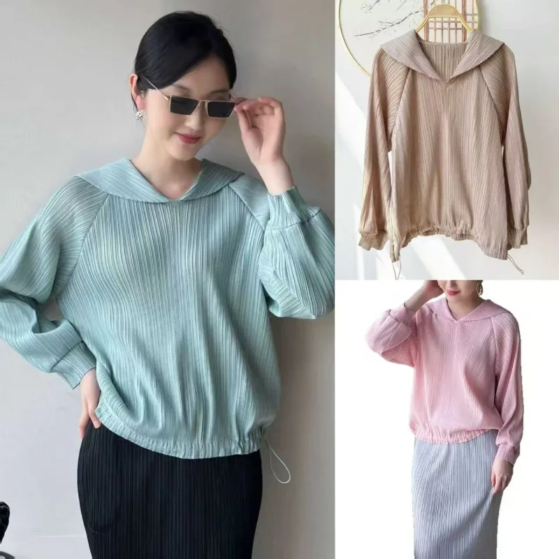 

Плиссированный свитер Miyake с капюшоном, осень-весна 2026, новинка Miyake, высококачественный плиссированный возрастной свободный обтягивающий повседневный свитер с баской