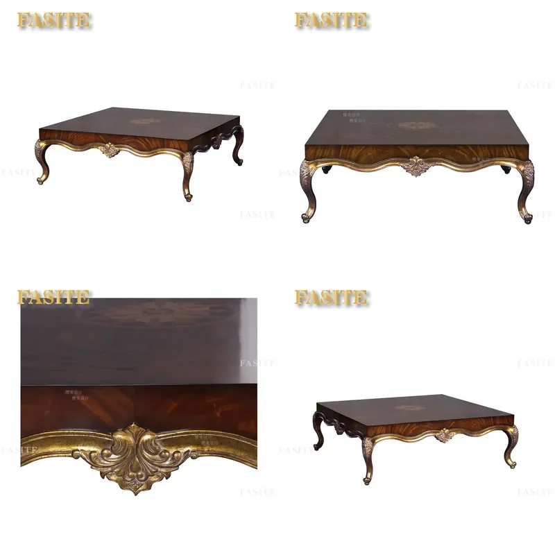 For European Court Style Solid Wood Carved Flower Square Coffee Table Neoclassical Gold Finish Living Room Villa Furniture