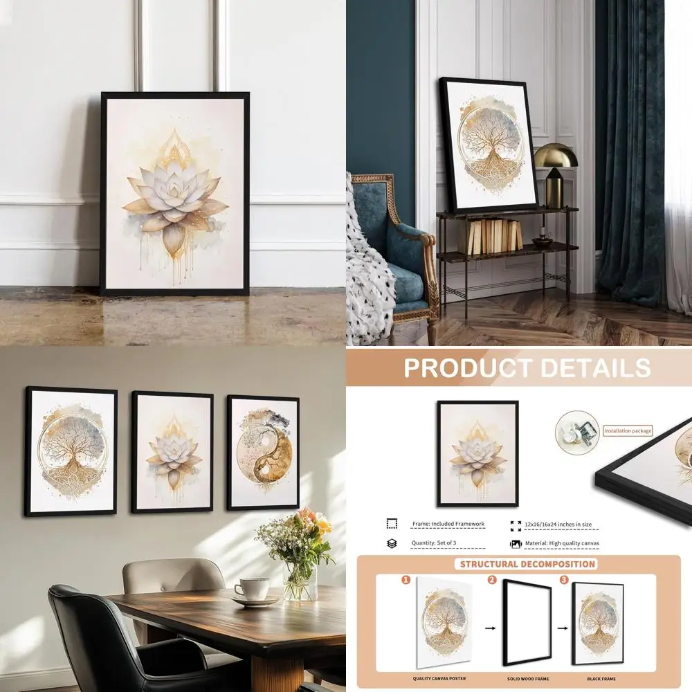 

Set of 3 Modern Gold Lotus Tree of Life Wall Art, Abstract Yin Yang Canvas Prints, 16x24 Inch Decor for Home, Living, Yoga Space