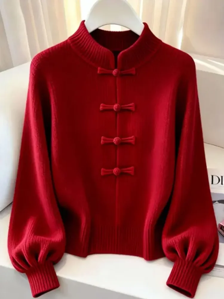 

New Year Knitted Sweater Stand Collar Soft Plump Women's Autumn Winter plus Size Lazy Comfortable Top French Sle Regular Fit