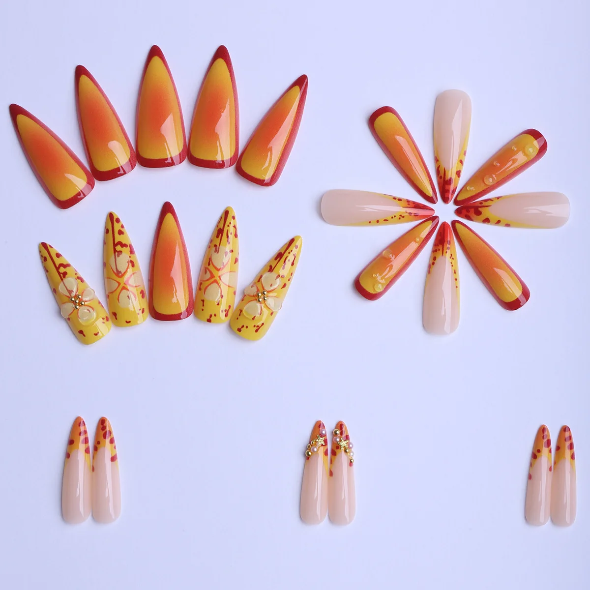 24枚入り スティレット スパイスガールズ プレスオンネイル 3D イエローフラワー レッドグラデーション フレンチ フェイクネイル パール付き アーモンド型 付け爪