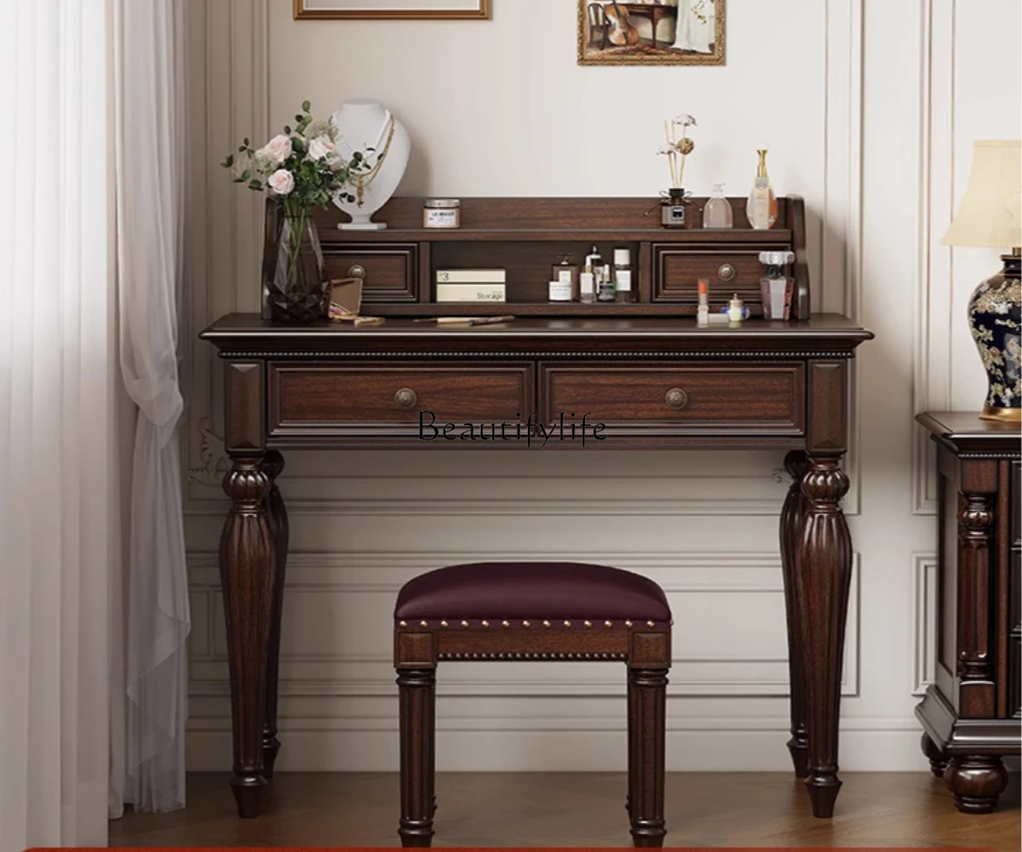 

American Country Style Dressing Table Black Walnut Wood Vintage Solid Wood Storage Makeup Table