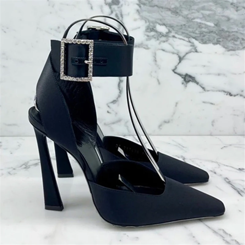 

2023 New Runway Women Pumps Square To High Heels Satin Gladiator Sandals Ankle Strap Black Wedding Dress Shoes Ladies Stiletto