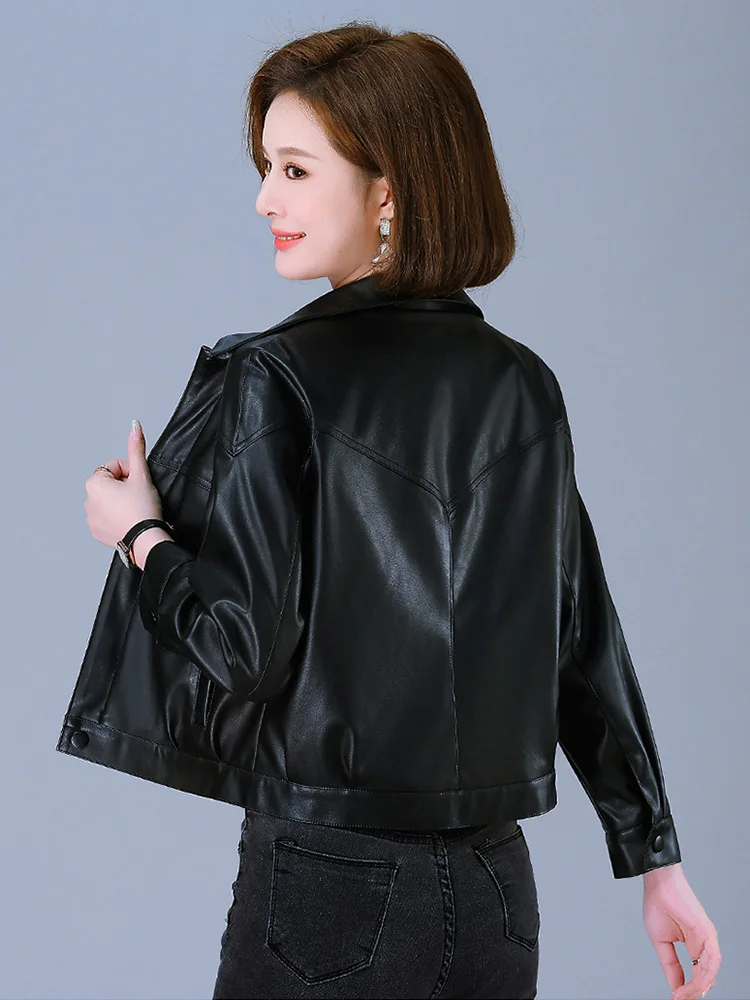 New Women Casual Leather Jacket Spring Autumn Fashion Turn-down Collar Long Sleeve Short Sheepskin Coat Split Leather Jacket