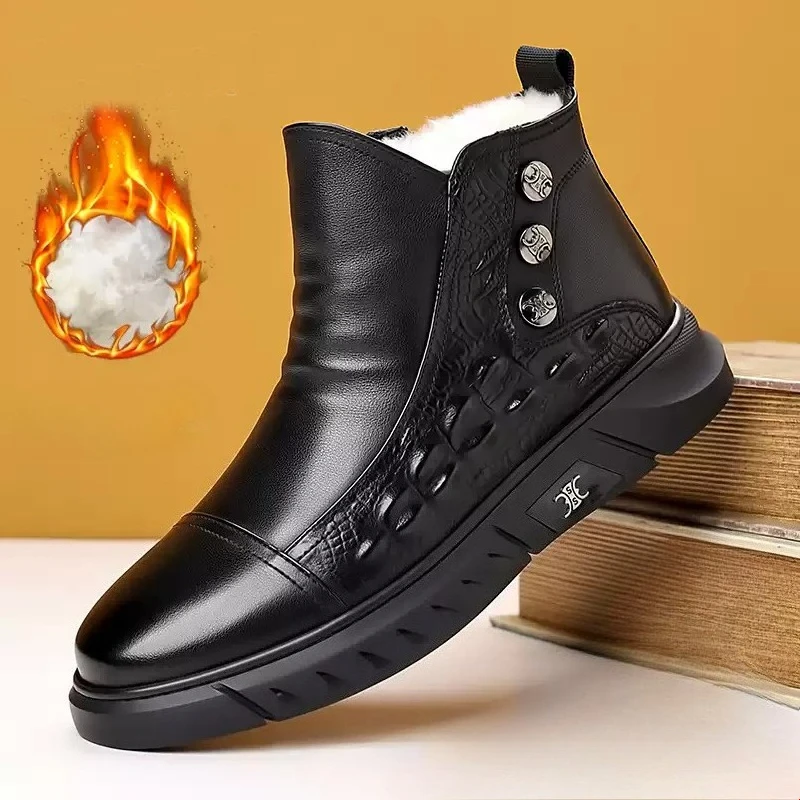 Men's sheepskin and wool integrated snow boots, real leather and fur, winter thick and warm boots slip resistance for Men's ﻿