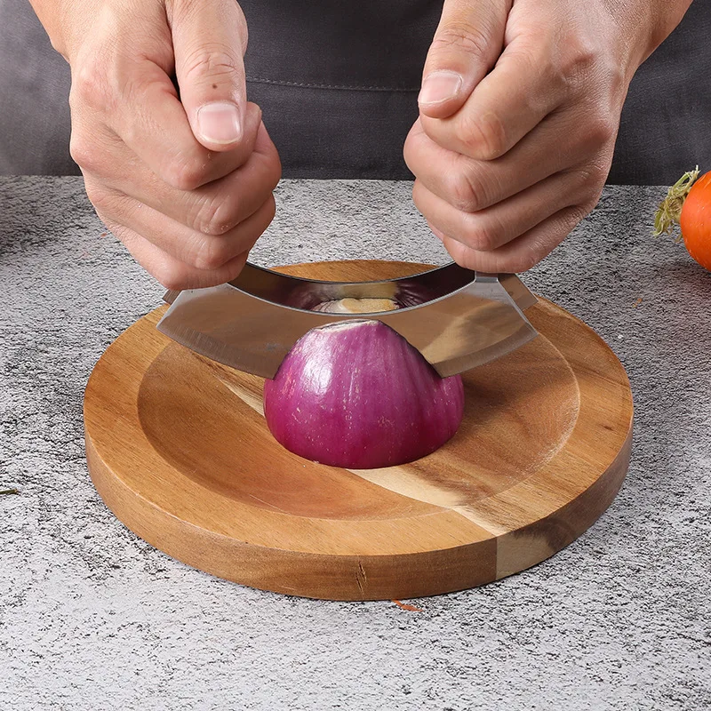 Double Blade Mezzaluna Knife & Round Wood Cutting Board: Pizza Cutter & Rocker Knife, Stainless Steel Salad Chopper