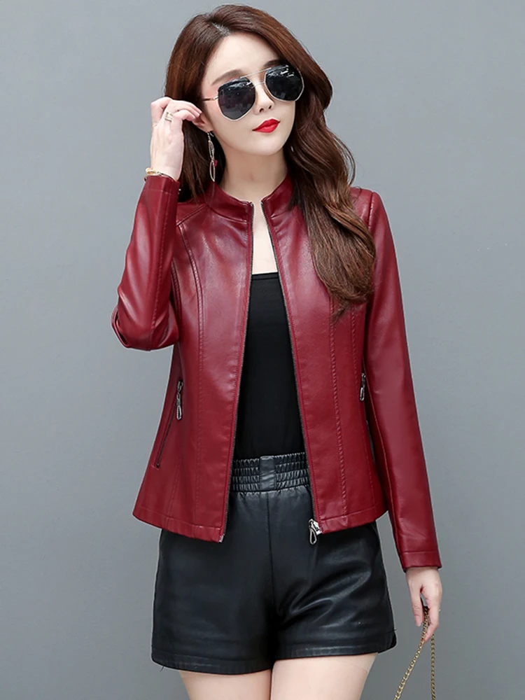 Real Leather ort Jaet Women's Sli Slim Fit Stand Collar Casual Leather Coat Korean Version Spring Autumn New Arrival