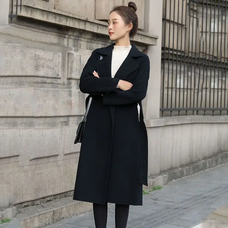 

Облегающее женское полушерстяное пальто 2022, осень-зима, средней длины, элегантный стиль, двусторонний флисовый повседневный офисный дорожный наряд