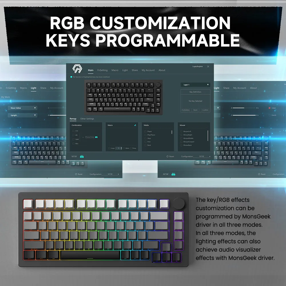 MonsGeek M1W V3-SP 멀티 모드 기계식 키보드, 알루미늄 케이스 개스킷, 핫스왑 RGB, 측면 인쇄 키캡 포함, ISO/ANSI 레이아웃