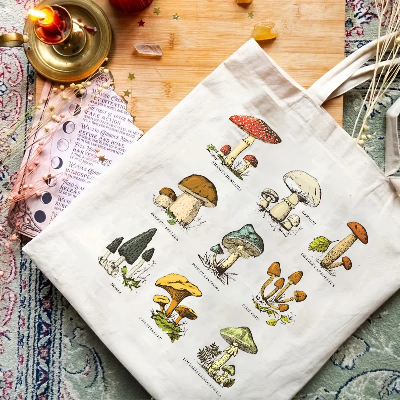 1pc Vintage Mushroom Pattern Tote Bag Cute Shopping Bag Carrier Bag Casual Canvas Shoulder Bag Handbag & Shopping Gift Bag